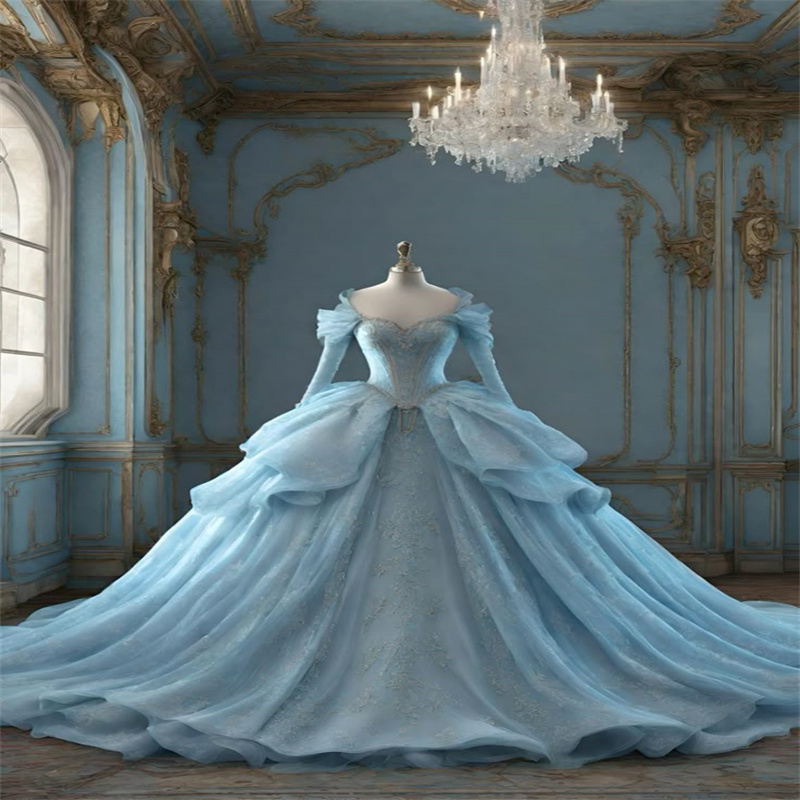 Fantasy Baby Blue Wedding Dress 2025 Puffy Renaissance Victorian Bride Dress Lace Ethereal Long Sleeve Elf Cetic Gothic Bridal Dress Robe De Mariage U