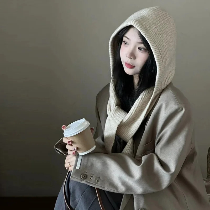 2025 est Knitted Balaclava Autumn Winter Solid Color Warm Beanie Shawl Earmuffs Hat Versatile Wool Hat For Women250214