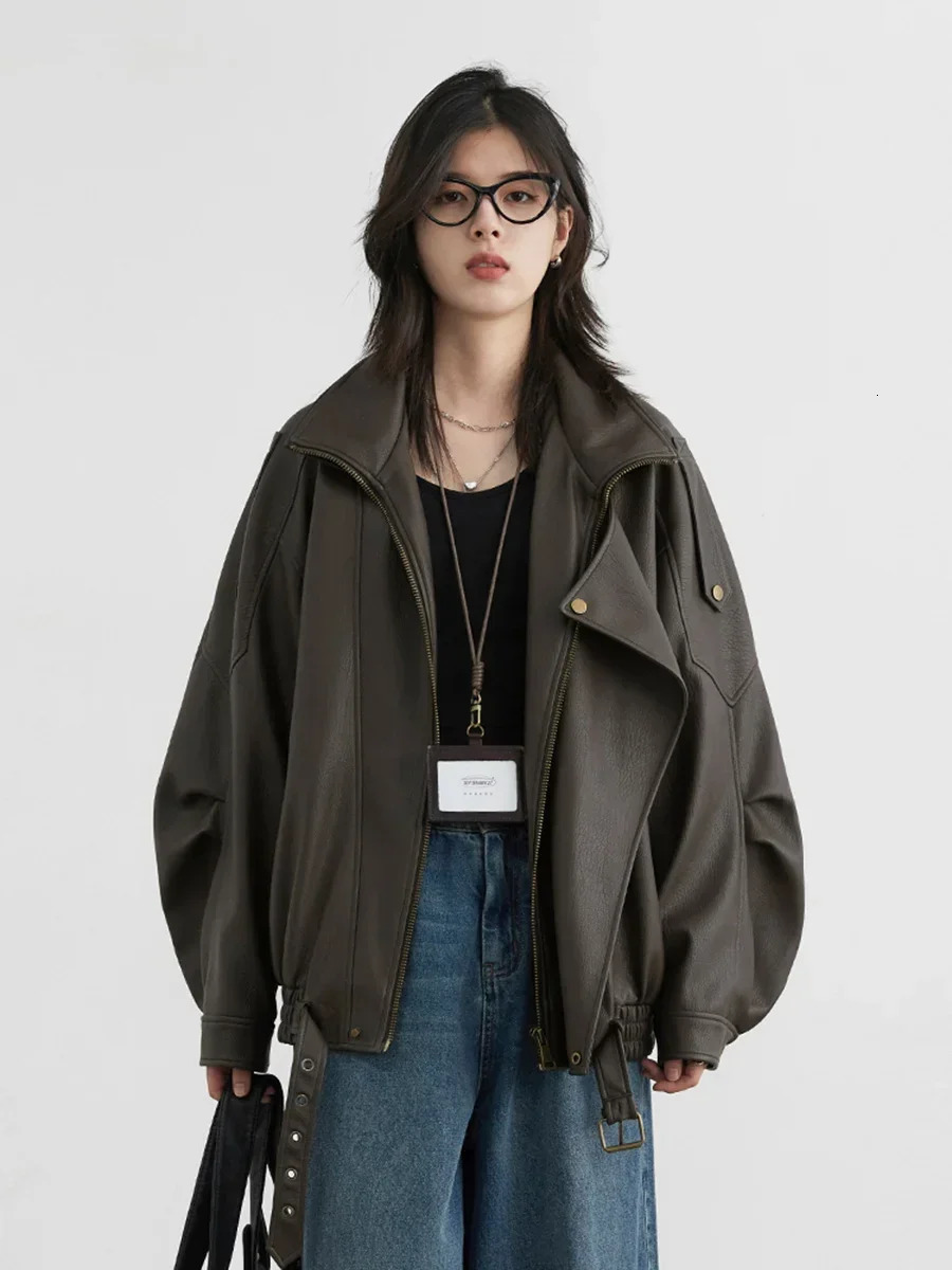 CHIC VEN Women Jackets Fashion Retro Loose Motorcycle PU Coat Solid Faux Leather jacket Female Clothing Autumn 250211