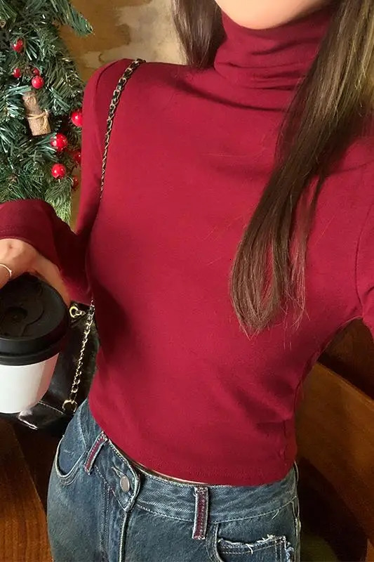 Autumn Winter Velvet Turtleneck Womens Tshirts Red Long Sleeve Casual Korean Bottom Slim Tops Tee Female 250213