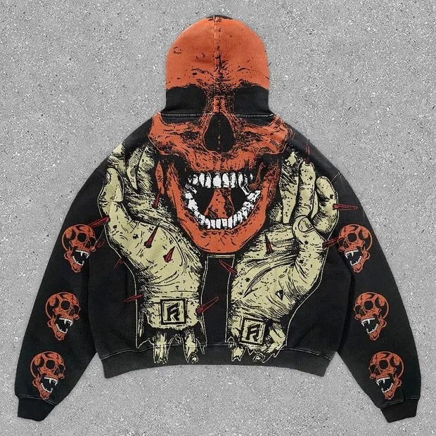 Y2K Skeleton Gothic Printing Retro Hoodie Fashion Harajuku Anime Zipper Hoodie Mens and Womens Sportswear Aesthetic Clothing 250211
