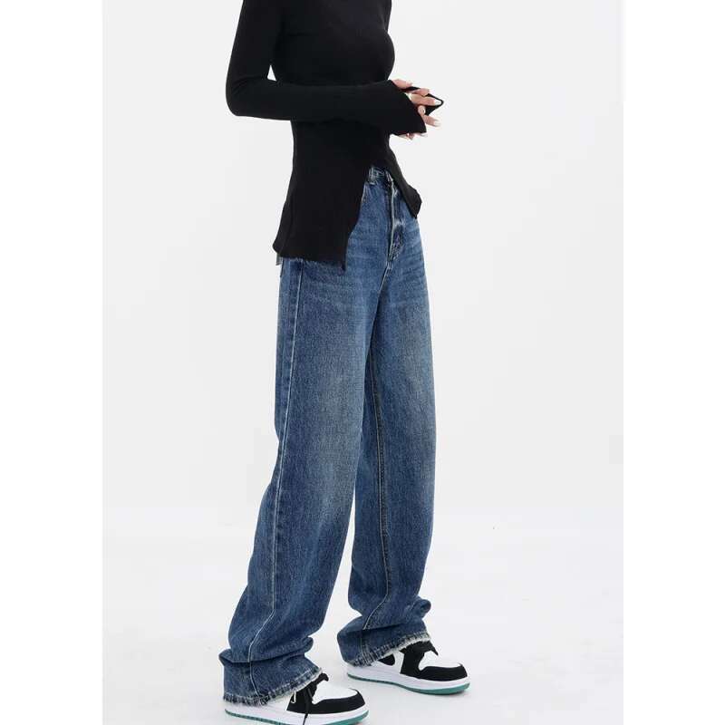 Blue High Waist Women Jeans Color Contrast Vintage American Fashion Streetwear Wide Leg Jean Female Trouser Baggy Denim Pants
