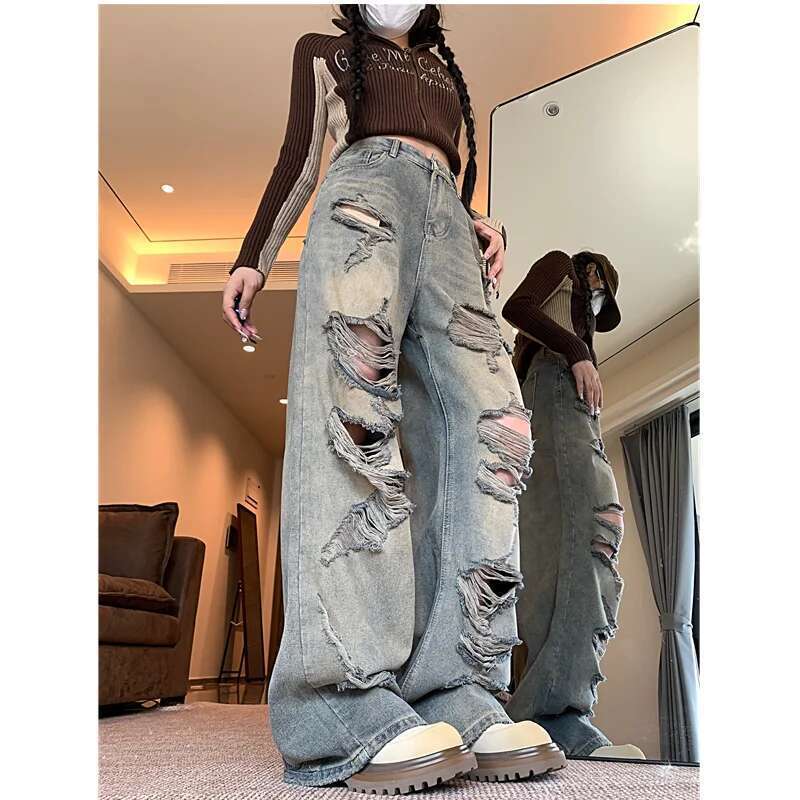 Blue High Waist Women Jeans Hip-Hop Style Fashion Vintage Streetwear Y2k Wide Leg Jean 2024 Female Trouser Baggy Denim Pants