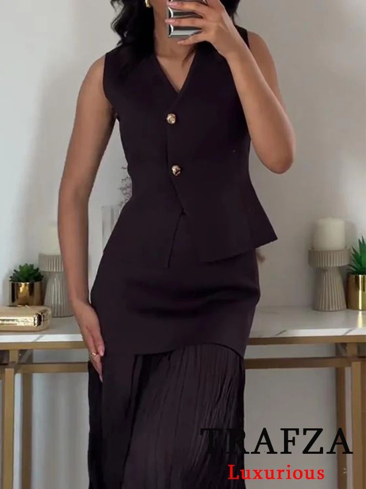 TRAFZA Vintage Chic Women Knitted Suit VNeck Sleeveless Single Breasted Top Straight Long Spliced Skirt Fashion Spring 250214