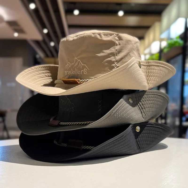 Summer Cowboy Fisherman Hat For Women Men Outdoor Fishing Hiking Cap Wide Brim Anti-UV Sun Hat with String W250217