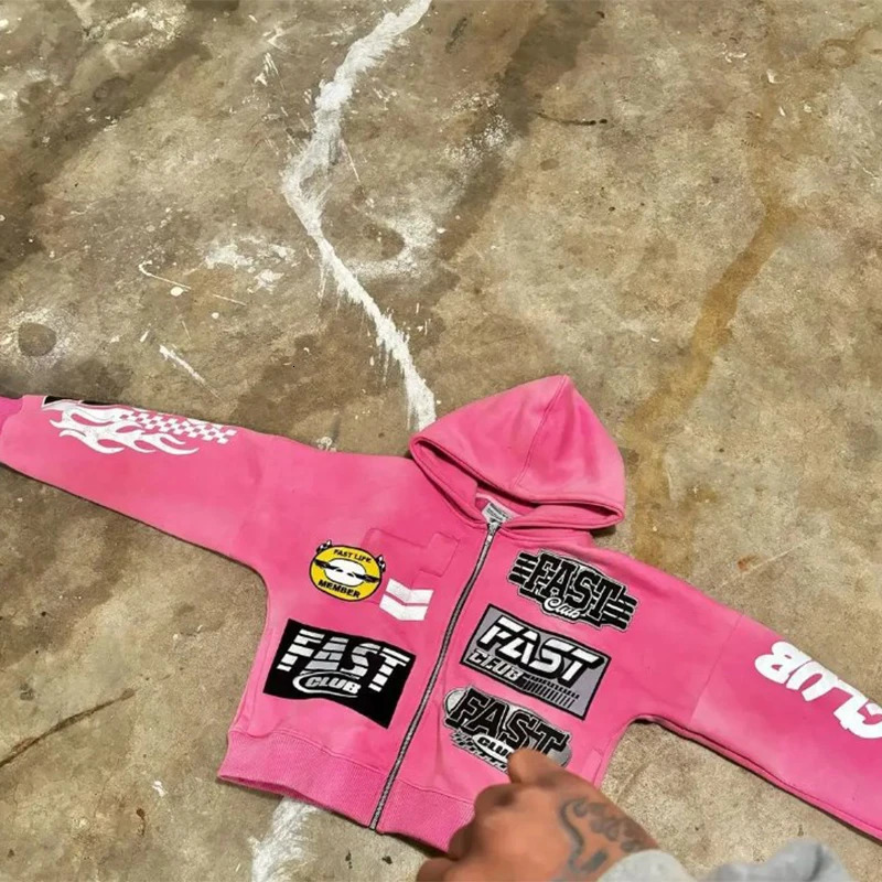 Y2K Zipper Open Knitted Woolen Sweater Top Aesthetic Fashion Graphic Printing Womens Autumn Sweater Mens Ropa Hombre Super Large Hoodie 250211