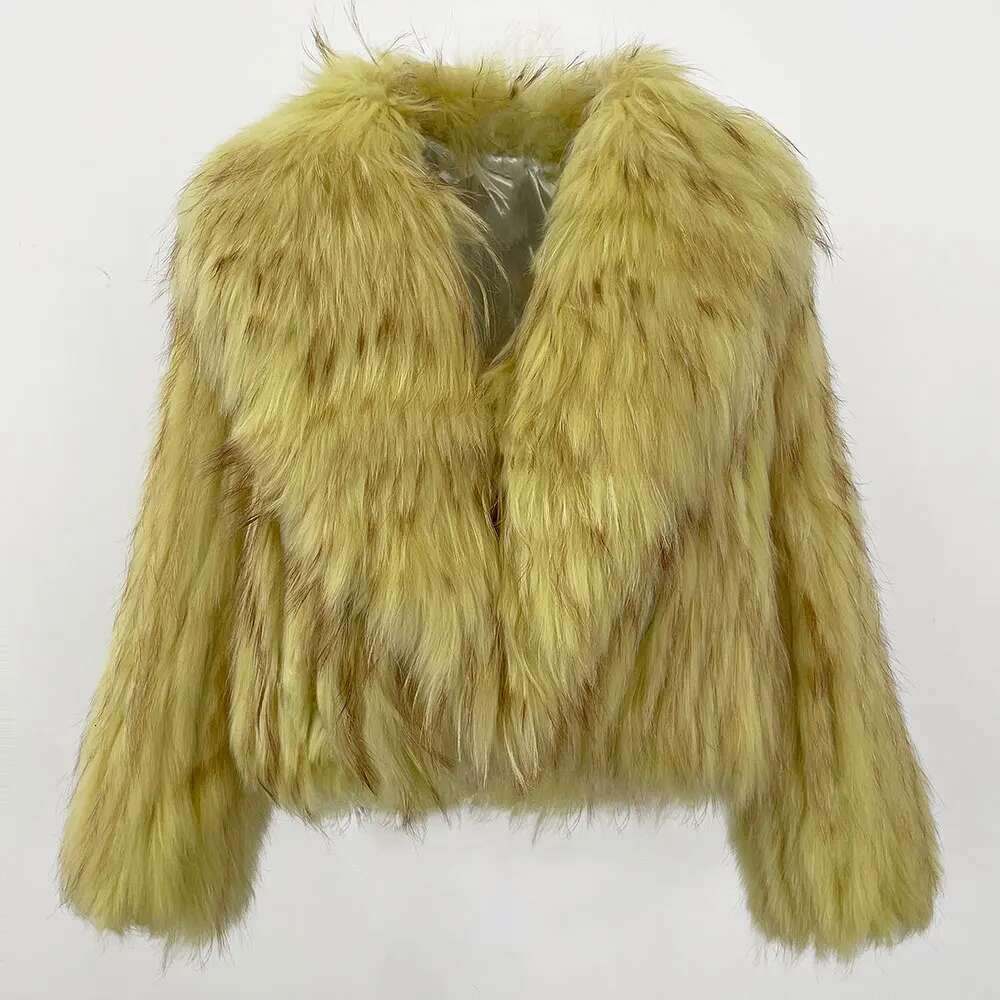 Winter Overcoat Collar Real Natural Raccoon Jacket New Fluffy Fur Knitted Coat Women Outerwear Short