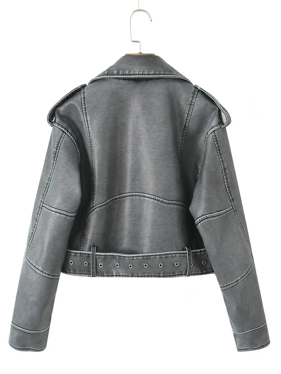 Women Autumn Winter Loose Gray PU Faux Leather Short Jackets Belt Female High Street Zipper Retro Moto Biker Coats Outwear XSXL 250211