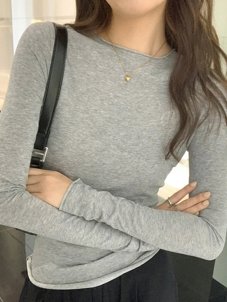 Spring Autumn T shirt Women Tops Solid Long Sleeve Ruched O Neck Tshirts Female Korean Casual Streetwear High Quality Base Tees 250217