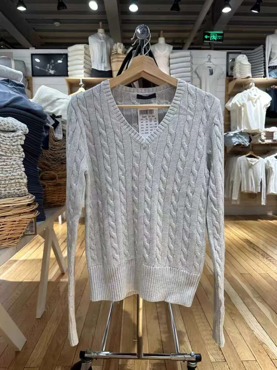 New Gray Twisted wer Sweater Women Autumn V-neck Cotton Knit Jumpers Top Sweet Preppy Style Solid Slim Sweaters Y2k Clothes