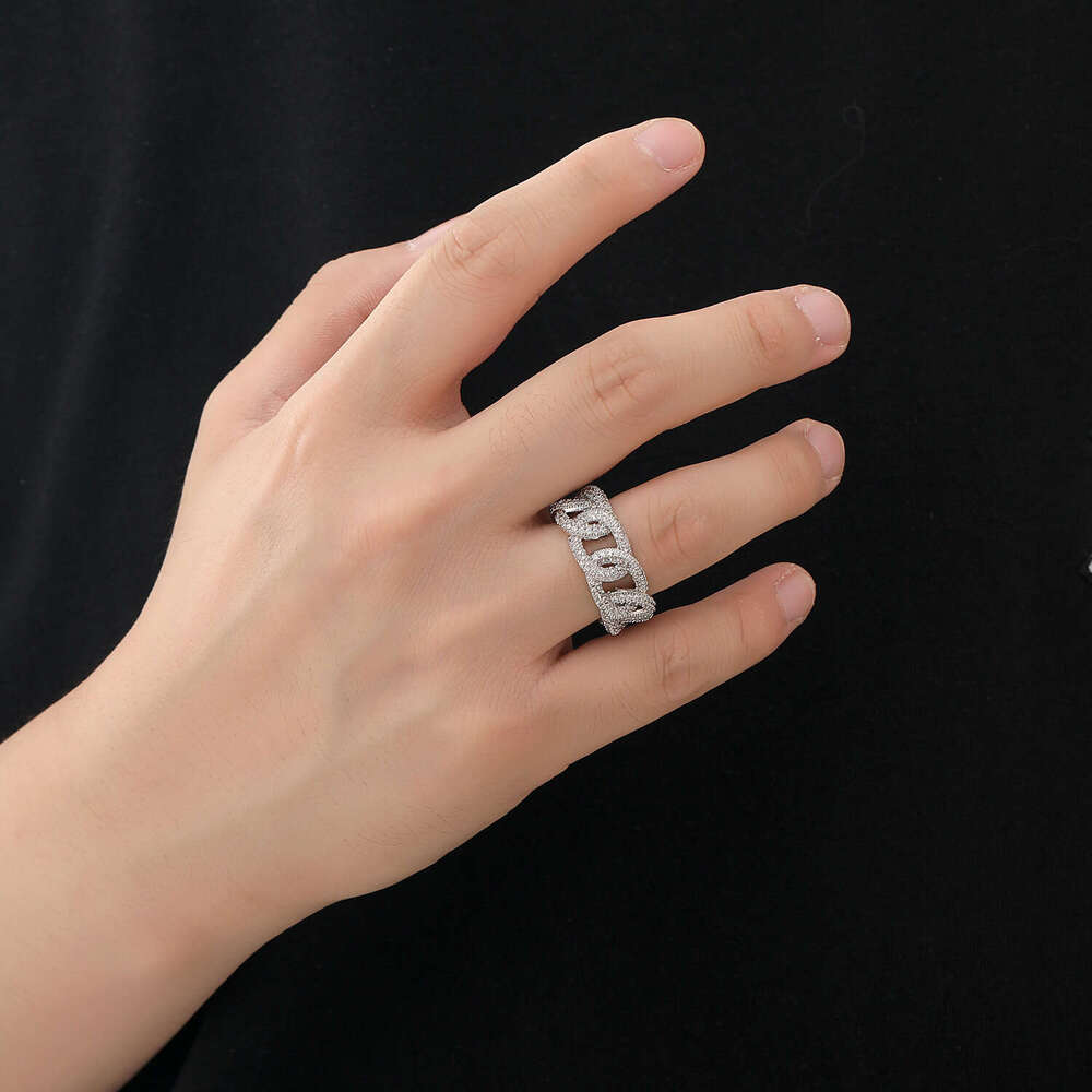 Hip hop Cuban chain hollowed out men's ring full of Moissanite, personalized and trendy hip-hop