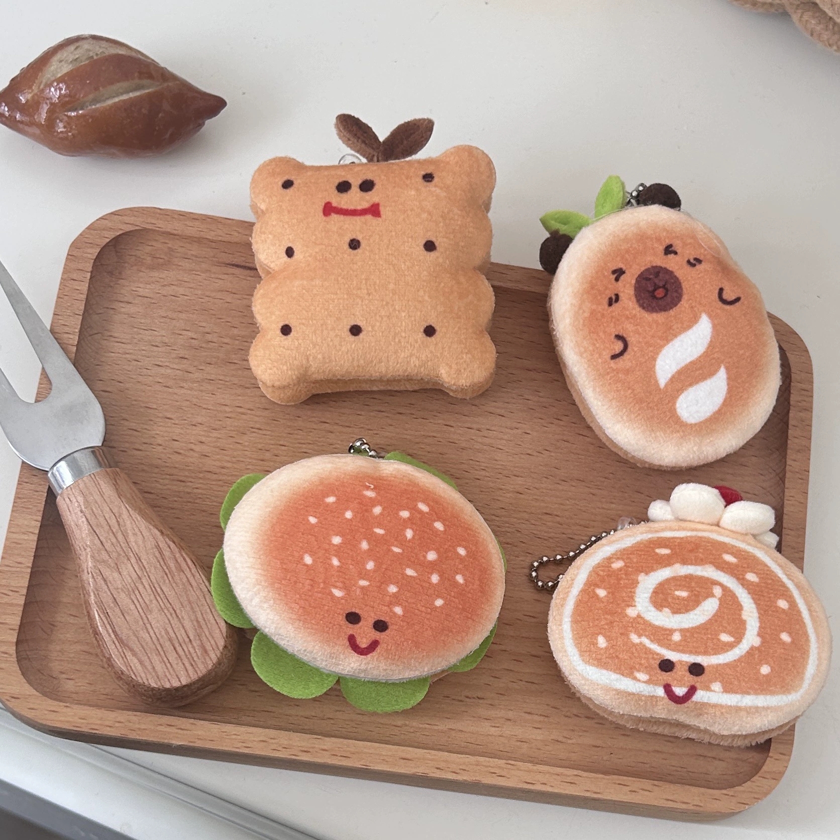 Double layered fabric food toy pendant fun and cute cartoon burger square biscuit keychain keychain backpack accessories