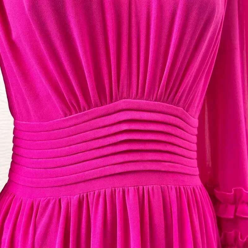 Women's Rose Red Lace Big Swing Ruched Long Sleeve Midi Dress Chic And Elegant Woman For Summer High Quality Dresses