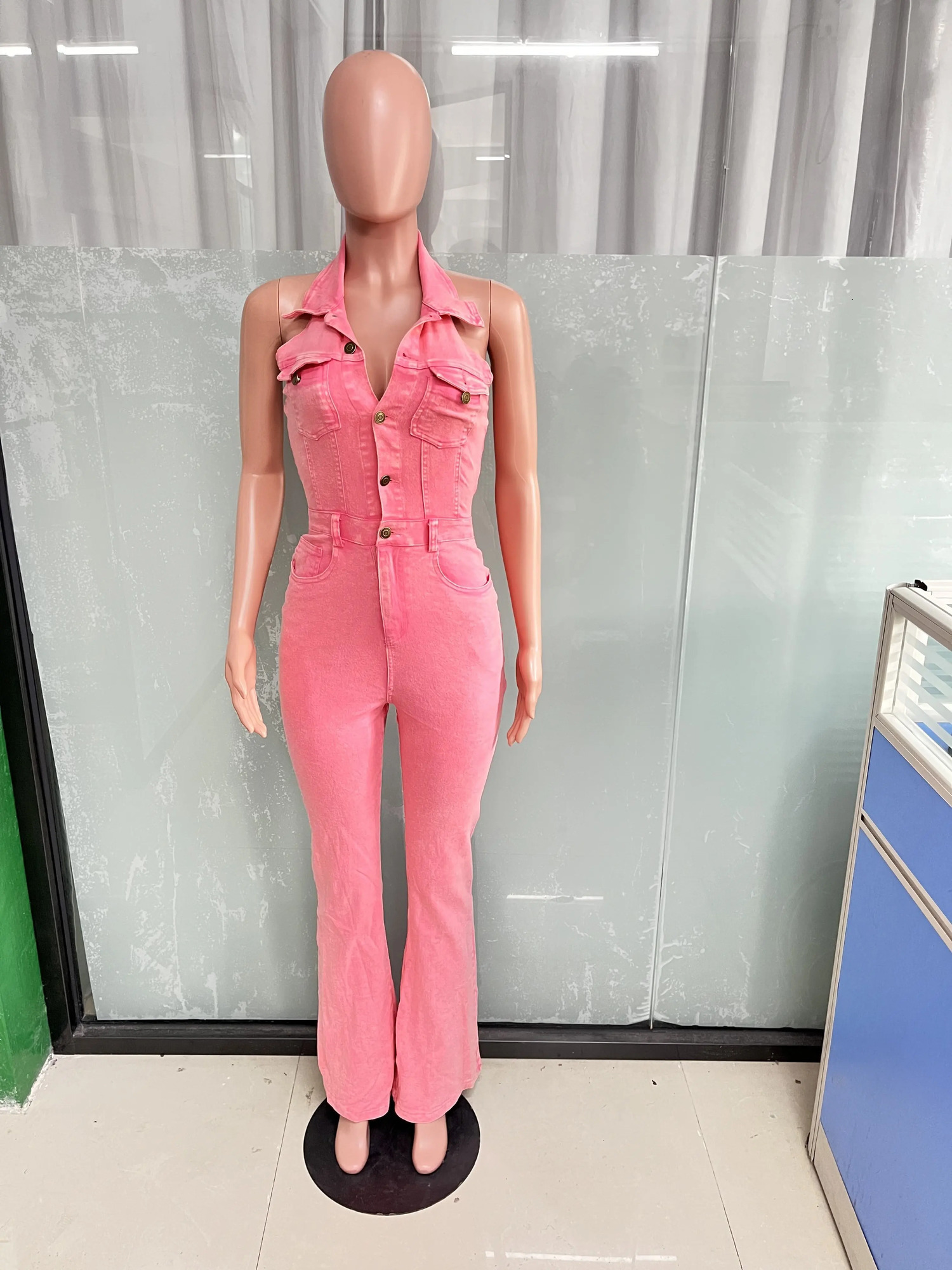 Pink Jeans Cargo Jumpsuit Sexy Women Halter Elegant Denim Stretch Casual Overalls Romper 250122