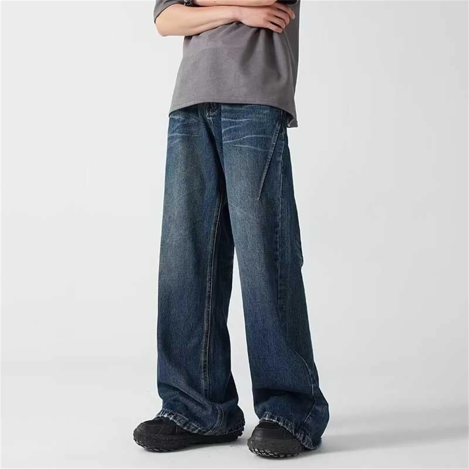 Baggy Jeans Men Distressed Denim Wide Leg Pants Pleated Oversize Hip Hop Trousers Male Korean Streetwear Clothing 250214