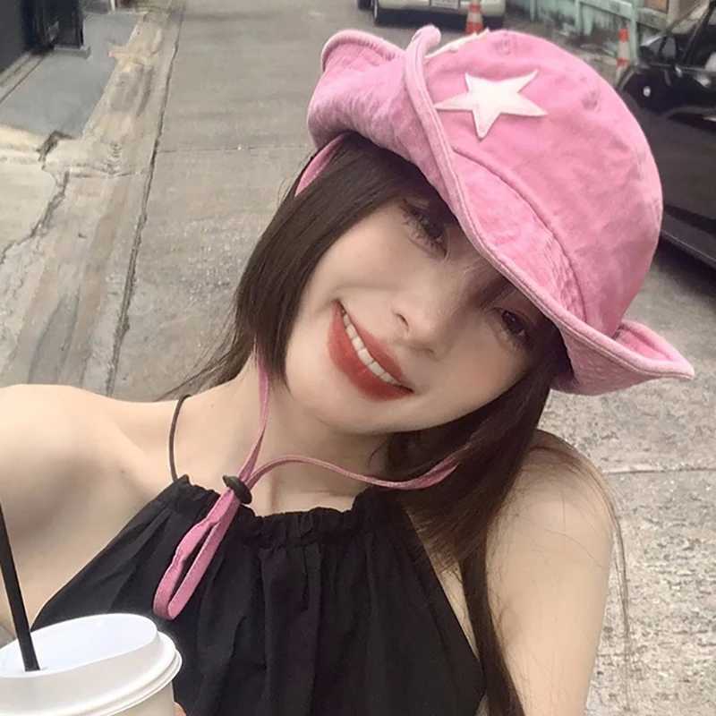 Punk Star Cowboy Hat For Women Fashion Wide Brim Sun Visors Retro Hip Hop Fisherman Cap Solid Cotton ACU Hat Y2K Girl Panama Cap W250217