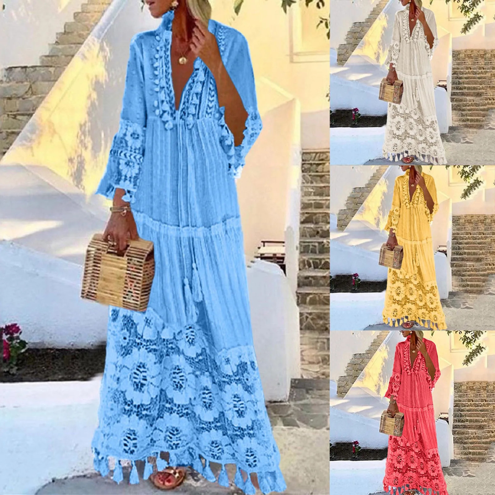 Ladies Bohemian V-Neck Tassel Large Size Casual Dress Women Lace Solid Fashion Dress Elegant Robe Boho Holiday Long Dress 250213