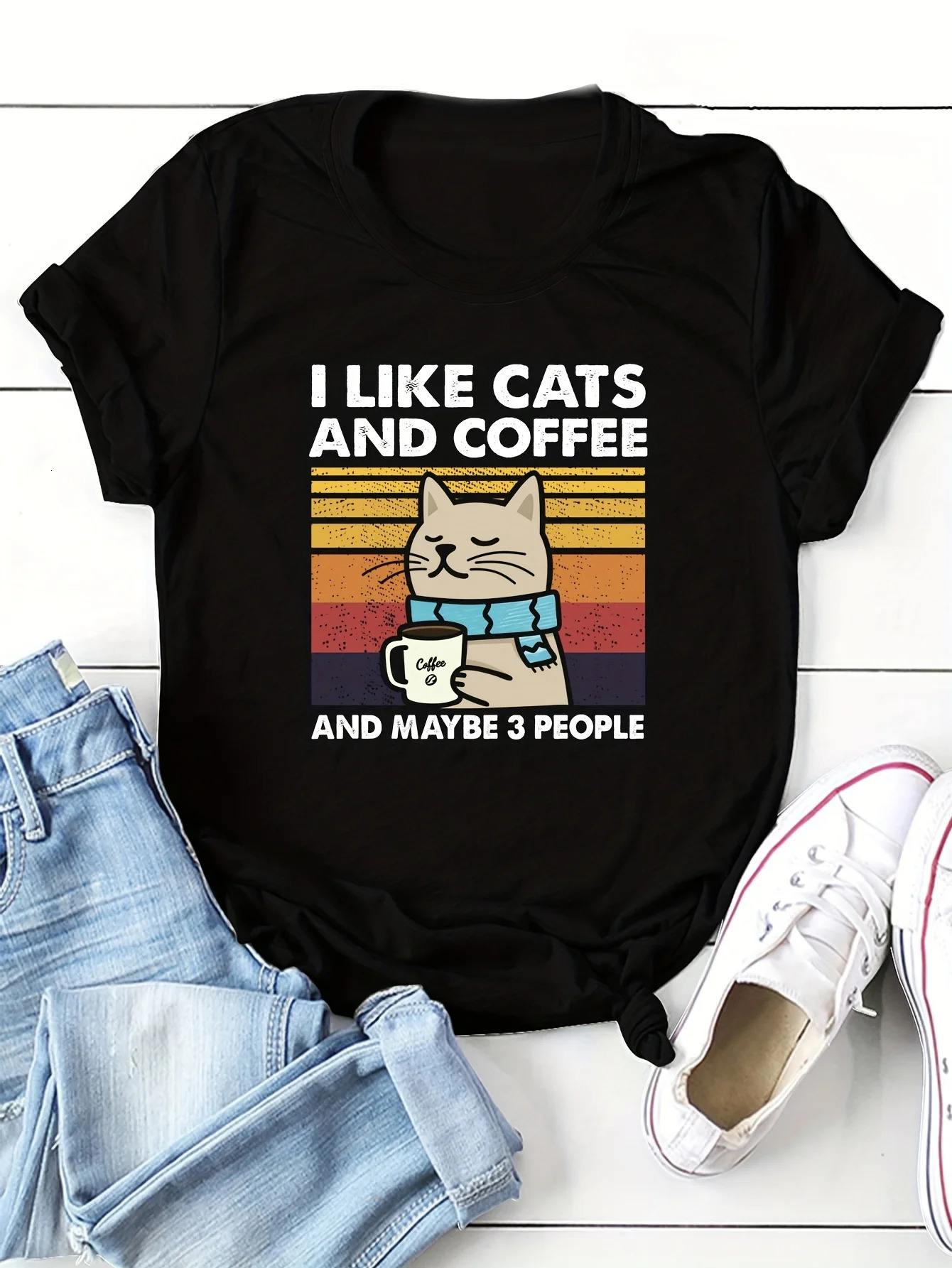 Cat Coffee Print T-shirt Casual Crew Neck Short Sleeve T-shirt Womens Clothing 250217