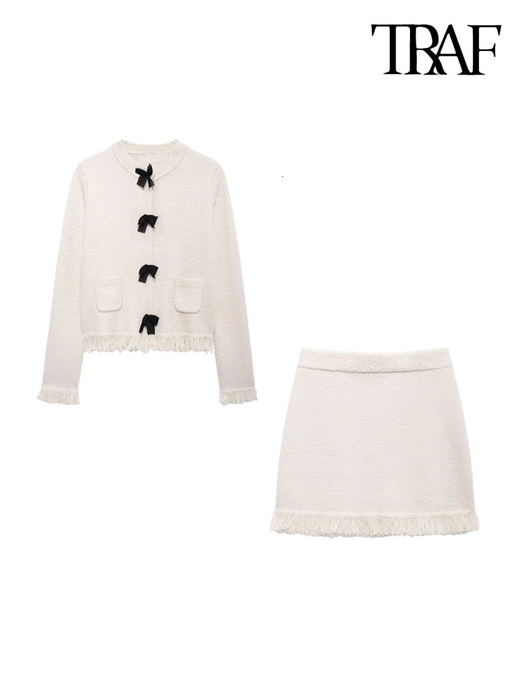 TRAF Women Fashion With Bows Frayed trims Knit Cardigan Sweater And High Elastic Wasit Skirts Female Two Piece Sets Mujer 250214