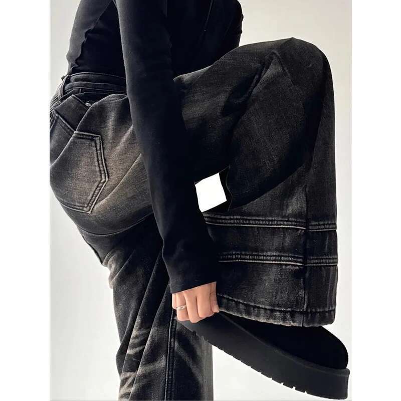 Black Womens Jeans High Waist Vintage Straight Baggy Pants Street 90S Y2k Design Sense Wide Leg Large Size Denim Trouser