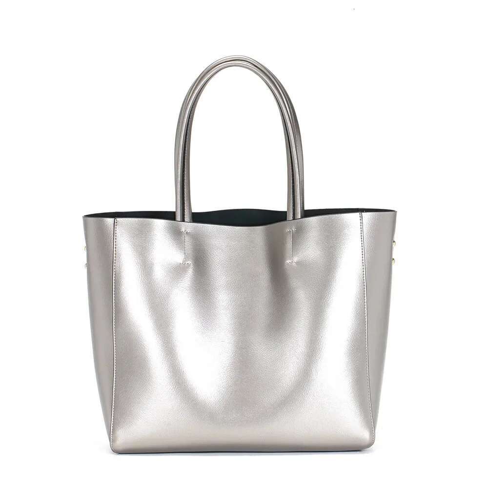 Metallic Sier Casual Large Tote Bag For Women With Soft Genuine Cow Leather Design Fashion Ladies Handbags