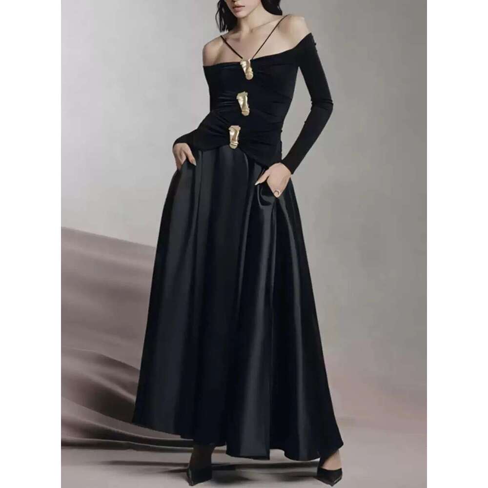 Elegant Patchwork Metal Long Dresses For Women Strapless Off The Shoulder Sleeve High Waist Sexy Slim Dress Female Fashion