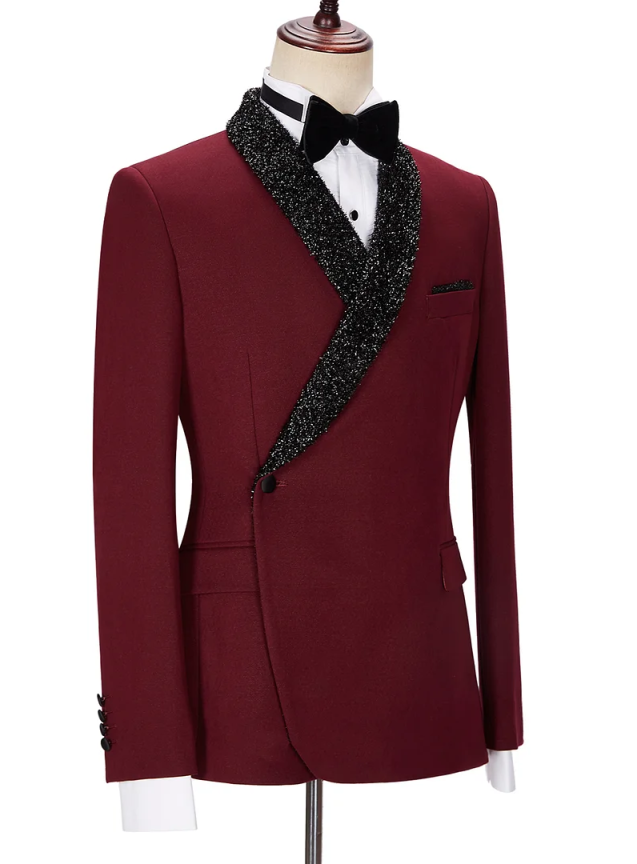 Dark Red Men Wedding Tuxedos Customized Sequined Shawl Lapel Business Groom Pants Suits Fashion Show Wear 2 Pieces
