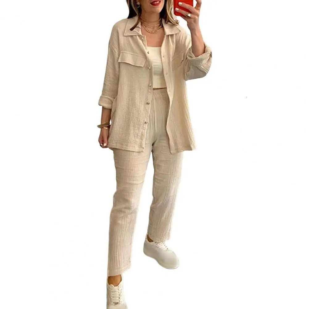 Casual Two-piece Set Women Loose Fit Outfit Womens Casual Shirt Pants Set with Lapel Collar Single-breasted Blouse for Daily 250210