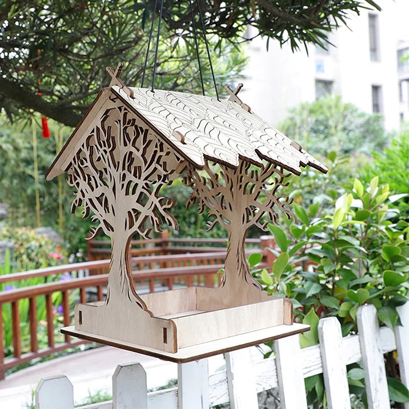 Bird House Feeding House DIY Outdoor Wooden Bird Feeder Hanging Assembled Bird Cage House Pet Supplies For Garden Yard Decor 250206