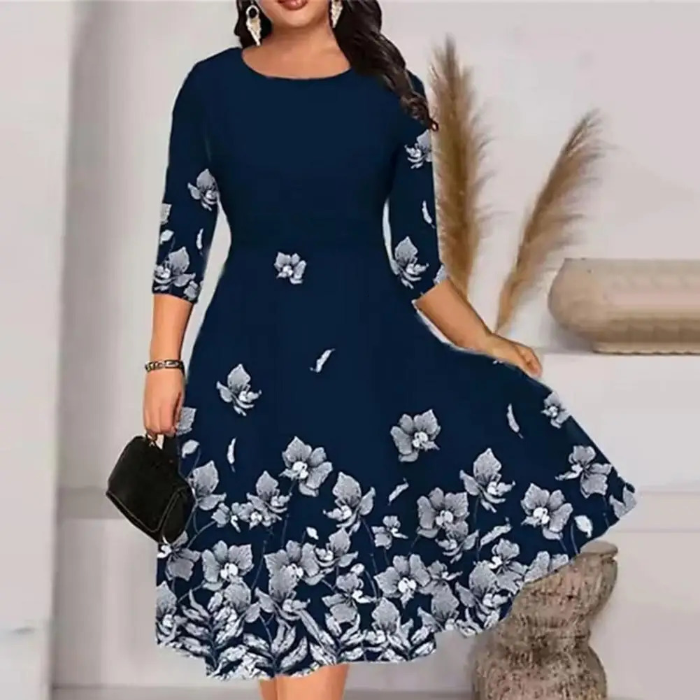 Womens Dress Summer Oneck 34 Sleeve Midi Plus Size Butterflies Printing Waist Tight Loose Hem Casual Streetwear 250214