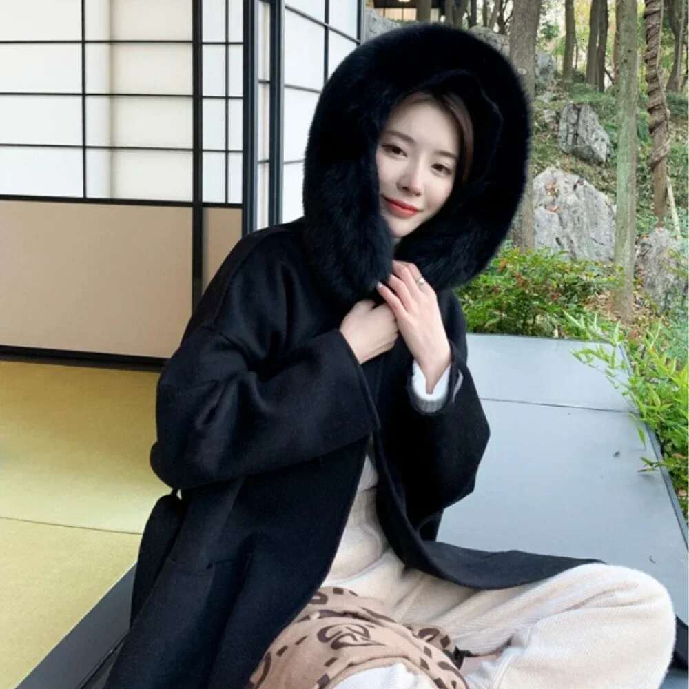Real Outerwear Wool Blends Coat Natural Fox Fur Collar Hooded Cashmere Winter Jacket for Women Streetwear High Street