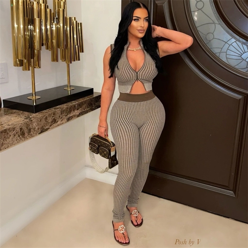Womens Tracksuits Two Pieces Set 2025 New Fashion Casual Sexy Knitted Low Cut Exposed Navel High Waist Pants