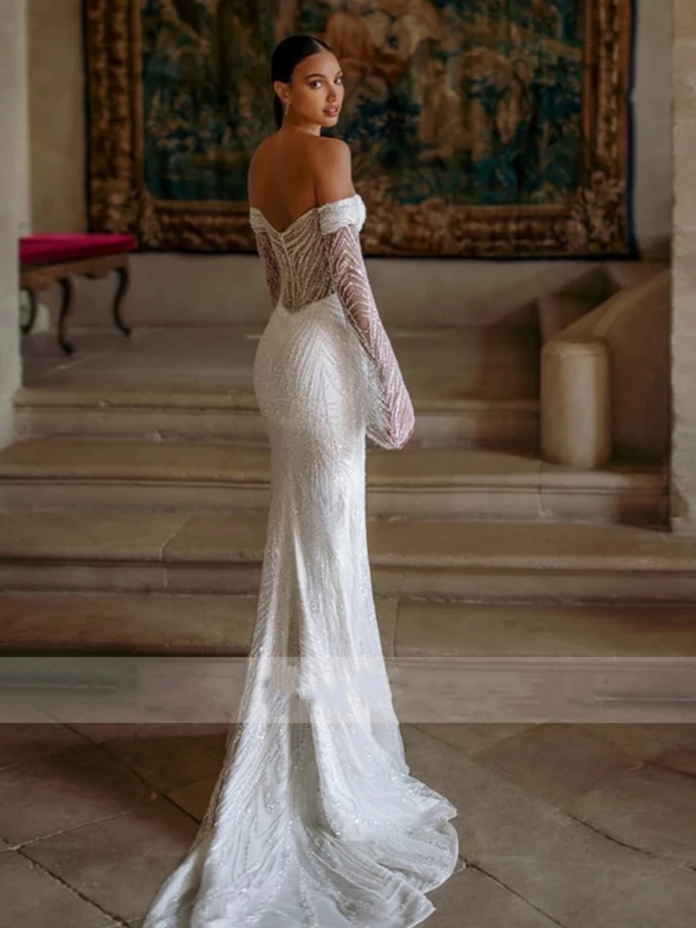 Elegant Mermaid Wedding Dress Appliques Sequins Off Shoulder Bride Gowns High Split Detachable Sweep Train Bridal Dresses Customized vestidos de novia