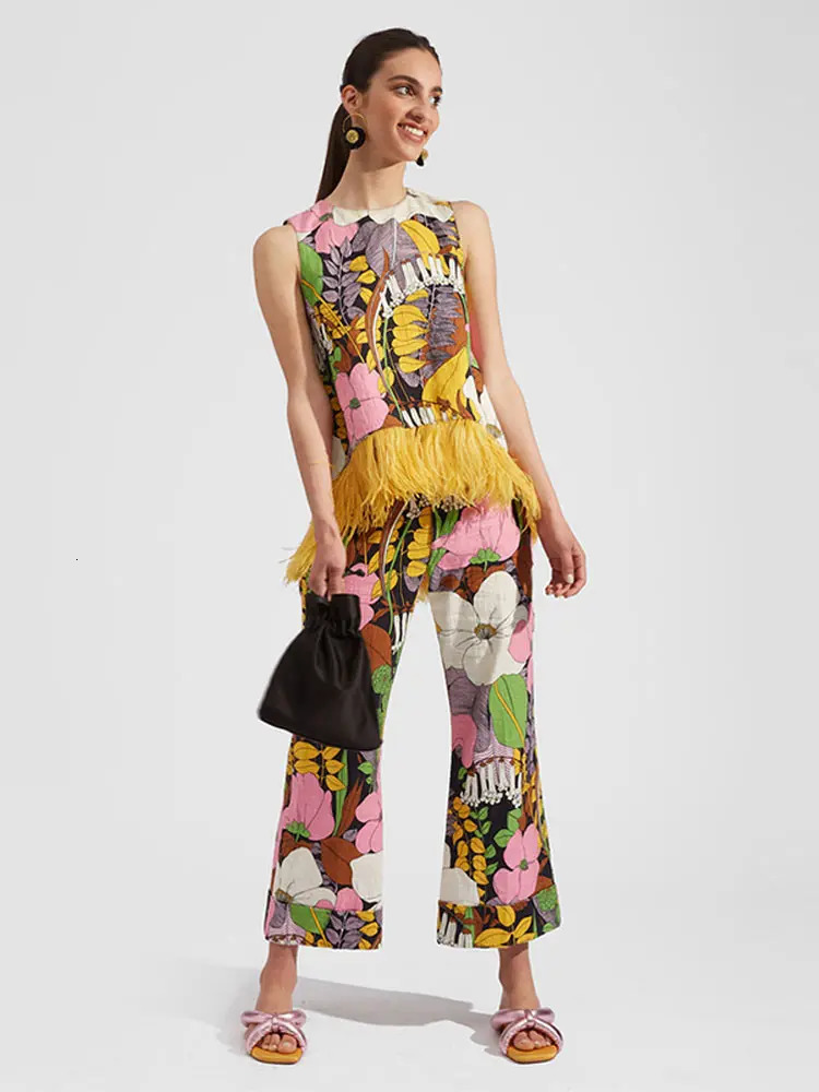 Sleeveless Printed Feather Vest Trouser Suits Women O-neck Patchwork Top High Waist Zipped Pants Summer Lady Sets 250210