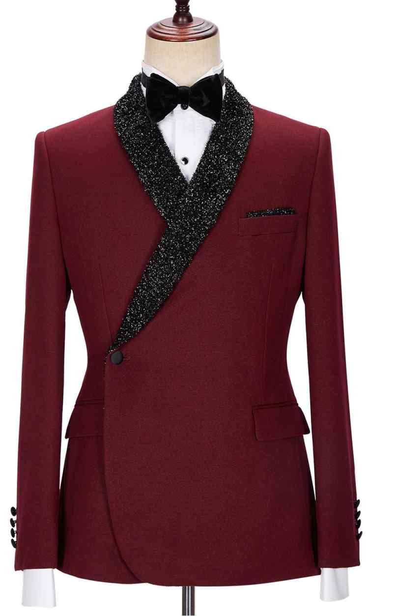 Dark Red Men Wedding Tuxedos Customized Sequined Shawl Lapel Business Groom Pants Suits Fashion Show Wear 2 Pieces