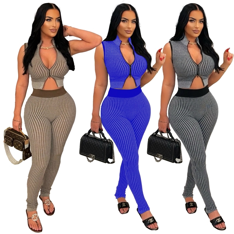 Womens Tracksuits Two Pieces Set 2025 New Fashion Casual Sexy Knitted Low Cut Exposed Navel High Waist Pants