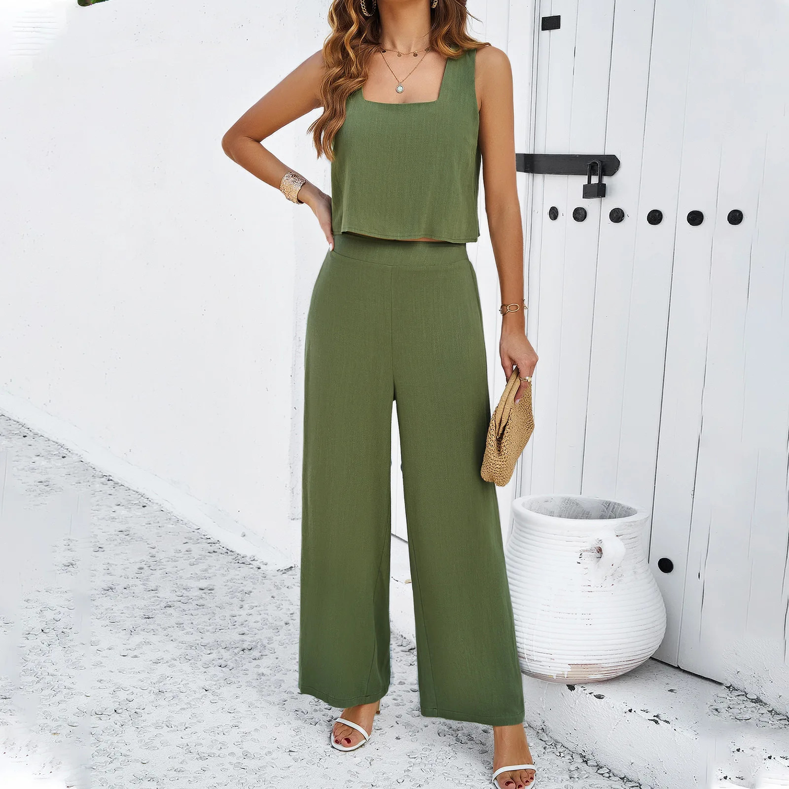 2025 Summer Womens Set Two Pieces Solid Color Square Collar Ladys Sleeveless Tops Female Wide Leg Pants Womens Clothing Sales 250210