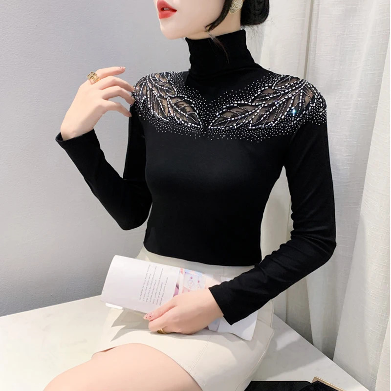 European Station Long Sleeve Women Tees Autumn Winter Stand collar Diamond T Shirt Fashion Slim Mesh Tops 250214