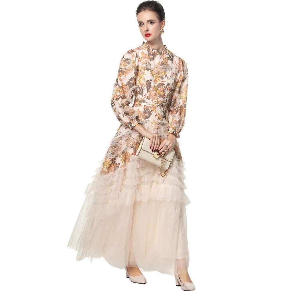 Elegant Women's Printing Lace Design Dresses Round Neck High Waist Long Sleeve Evening Dress Spring 2025 New