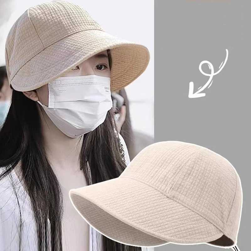 Women Summer Wide Brim Sunscreen Hat Solid Color Waffle Adjustable Bucket Cap For Female Lady JK Korean Outdoor Equestrian Cap W250217