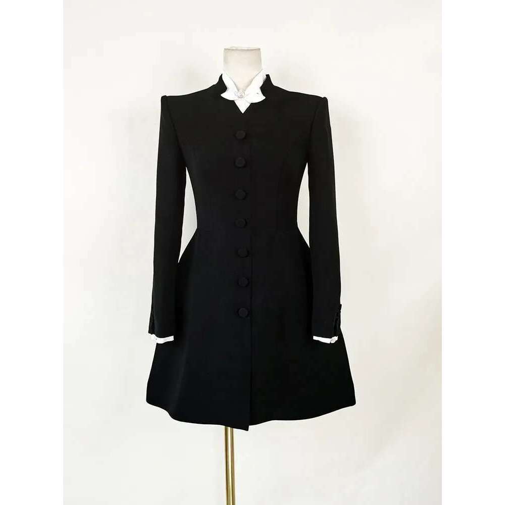 Hit Color Patchwork Bowknot Slimming Dress For Women Stand Collar Long Sleeve High Waist Temperament Dresses Female Fashion