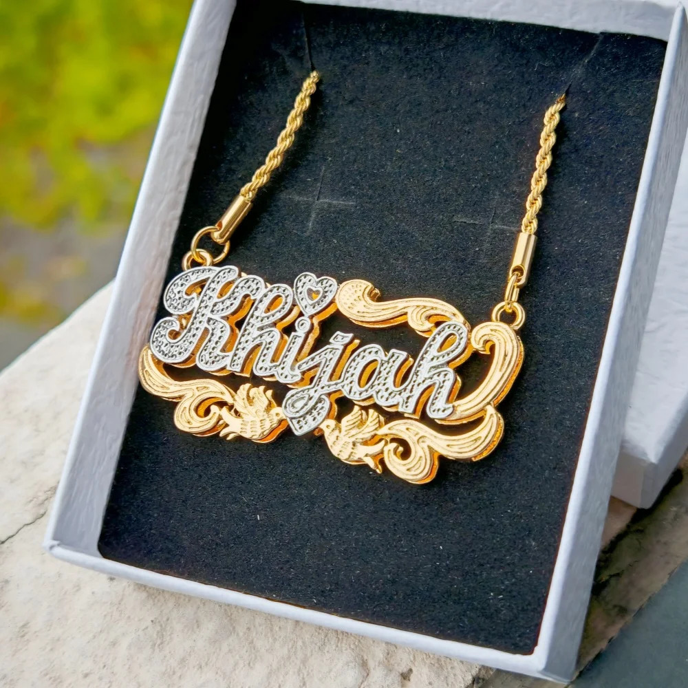 LeeChee Custom Name Double Layer Necklace 18K Gold Two Tone Heart Bird Personalized Jewelry For Adult 250214