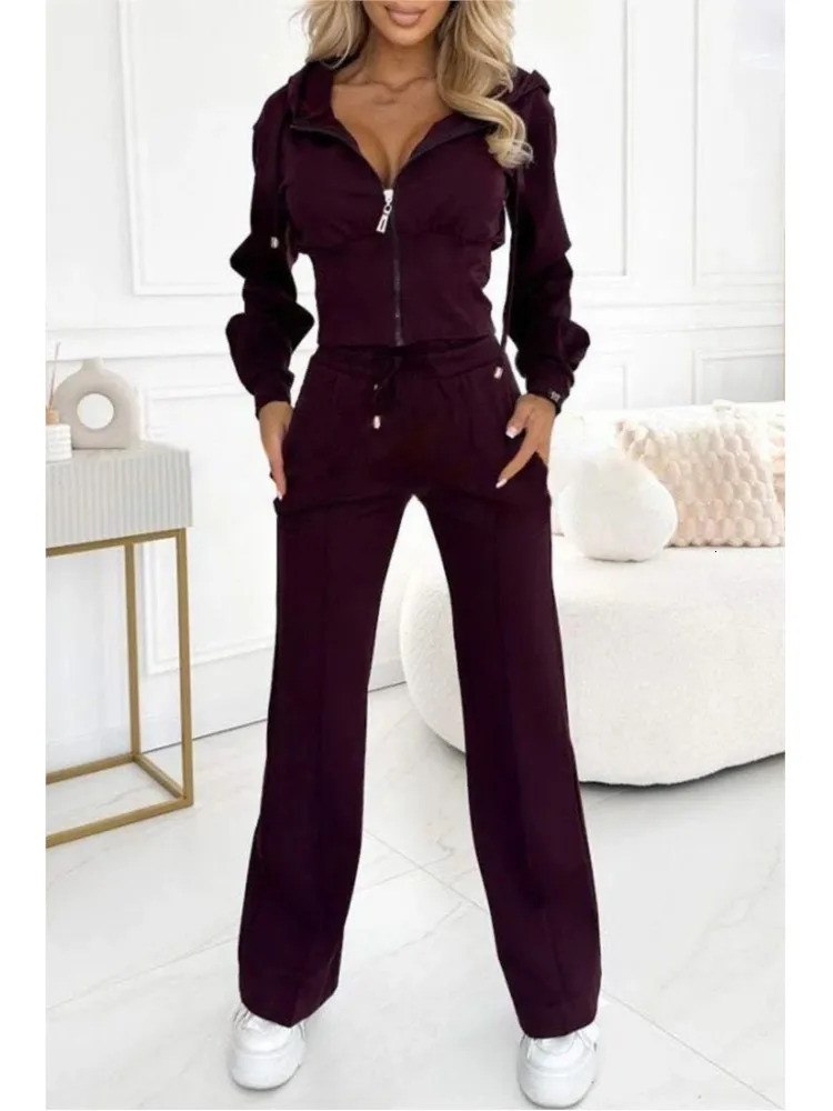 Autumn And Winter Hooded Zipper Jacket Tight Solid Color Two-piece Sets Women Fashion Casual Wide Leg Pants 2 Piece Set 250210