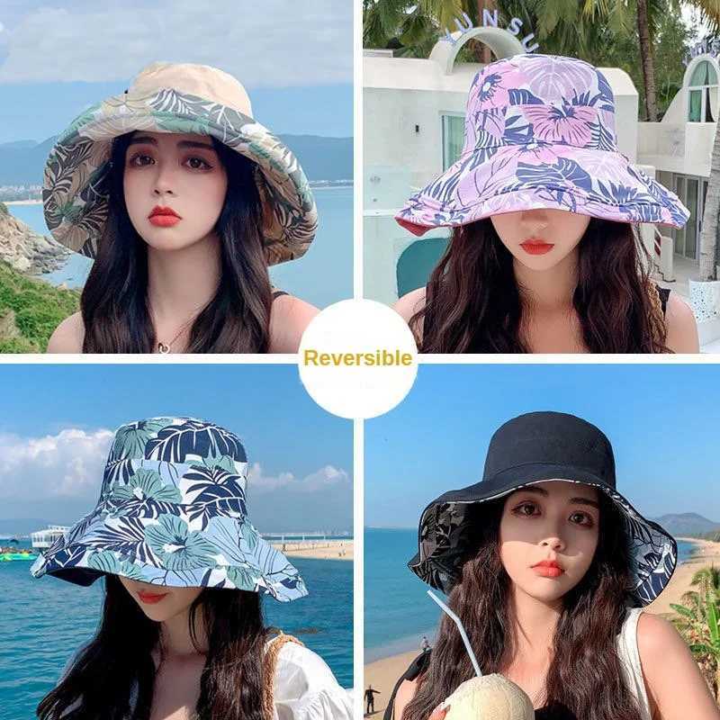 Reversible Foldable Cotton Sun Hat for Women Summer Wide Brim UV Protection Panama Beach Bucket Hat Ladies Girls Outdoor Sea Hat W250217