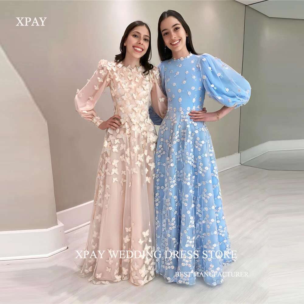 Elegant XPAY Light Blue Lace A E Evening Dresses Arabic Women Puff Sleeves Customised Or Length Prom Formal Ocn Dress vening rabic
