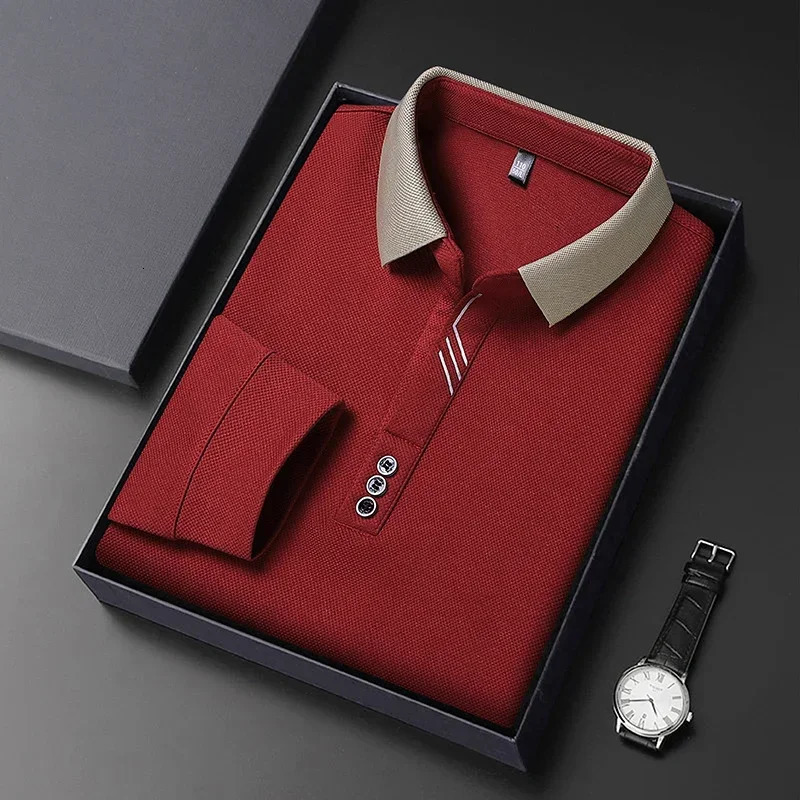 2025 Waffle Mens Long Sleeve Tshirt Spring Lapel Business Casual Polo Shirt Elastic Base Top Men Clothes 250213