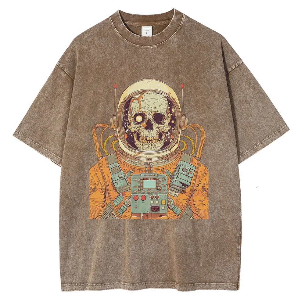 70s Astronaut Skull Graphic T-shirts Retro Sci-fi Painting Print Oversized T-shirt Distressed Cotton Mens Tops 250214