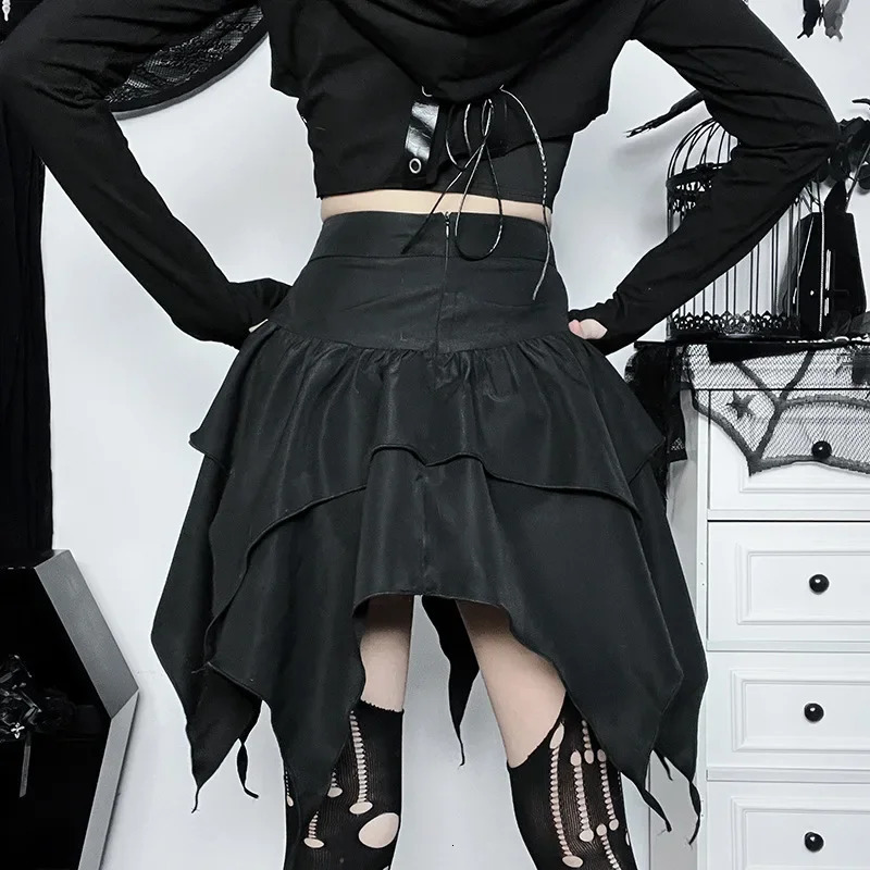 Gothic Punk Irregular Skirts Sexy Women Solid Color Drawstring TieUp Ruched Ruffles Mini Skirt Summer Fashion Short 250211