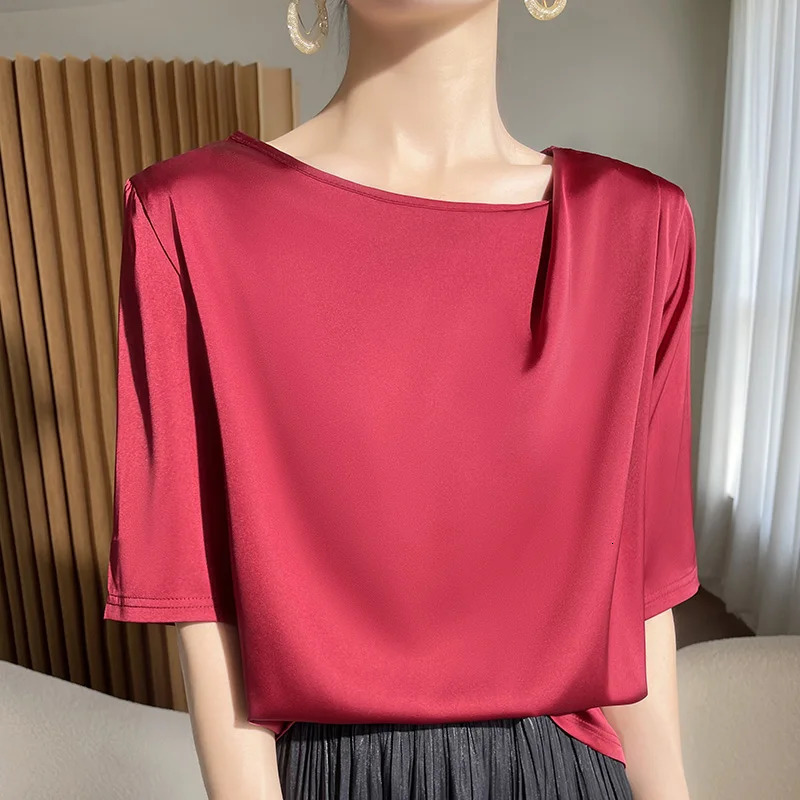 Spring Summer Female Silk T-shirts Half Sleeve Women O-Neck Solid Color Fashion Women Clothe Tees Casual Loose T Shirt Oversize 250217