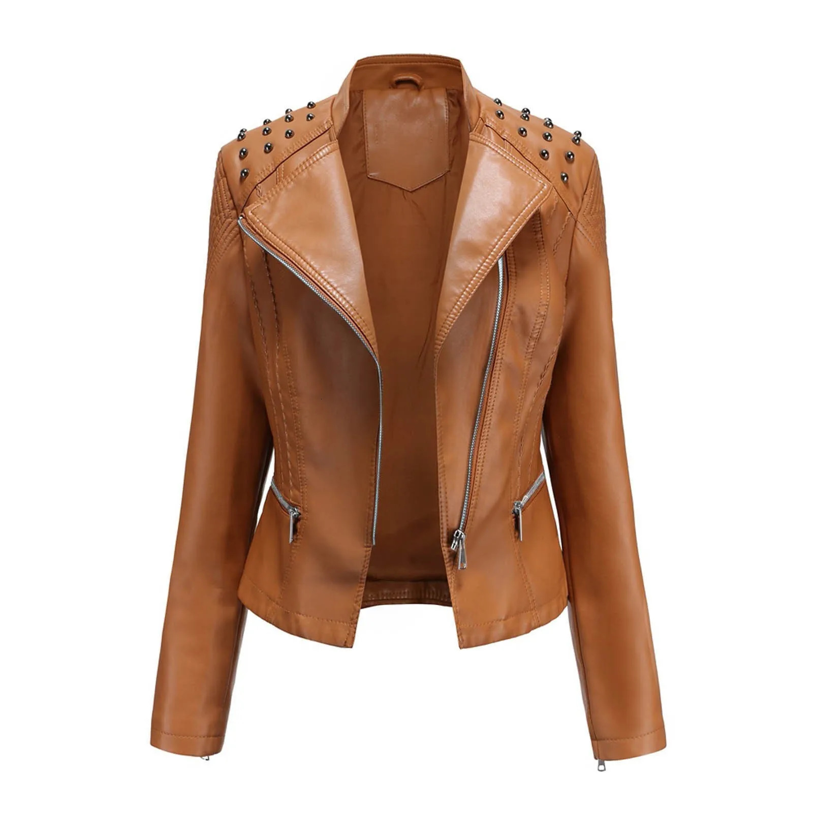 Womens American Retro Pu Leather Jackets Slim Lapel Cropped Motorcycle Coat Solid Color Zippers Pockets Outwears 250211